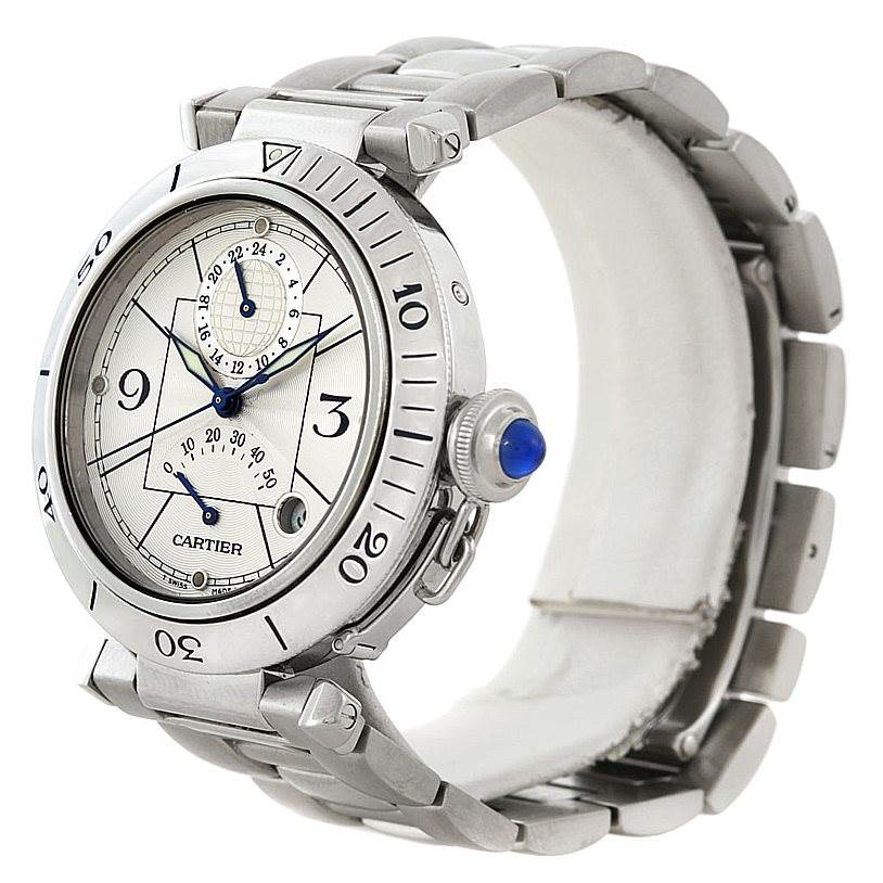 The image shows a front-side angle of the Cartier Pasha W31037H3 Men's Stainless Steel Silver Dial W31037H3 Men's Stainless Steel Silver Dial watch, highlighting its dial, bezel, crown, and bracelet.