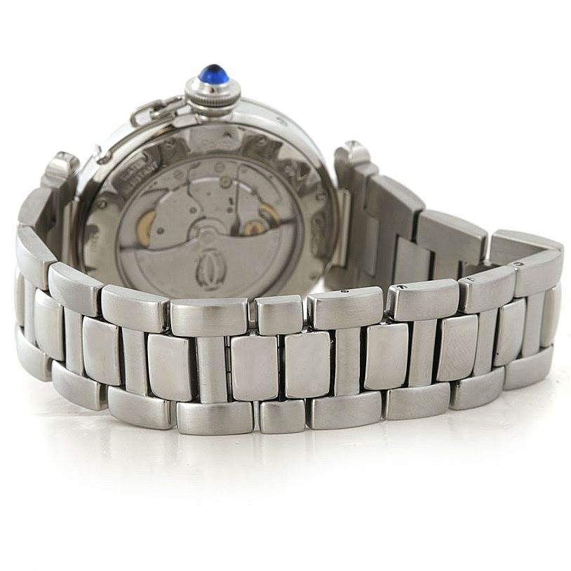 The image shows the back view of a Cartier Pasha W31037H3 Men's Stainless Steel Silver Dial W31037H3 Men's Stainless Steel Silver Dial watch, highlighting the case back and metal bracelet.