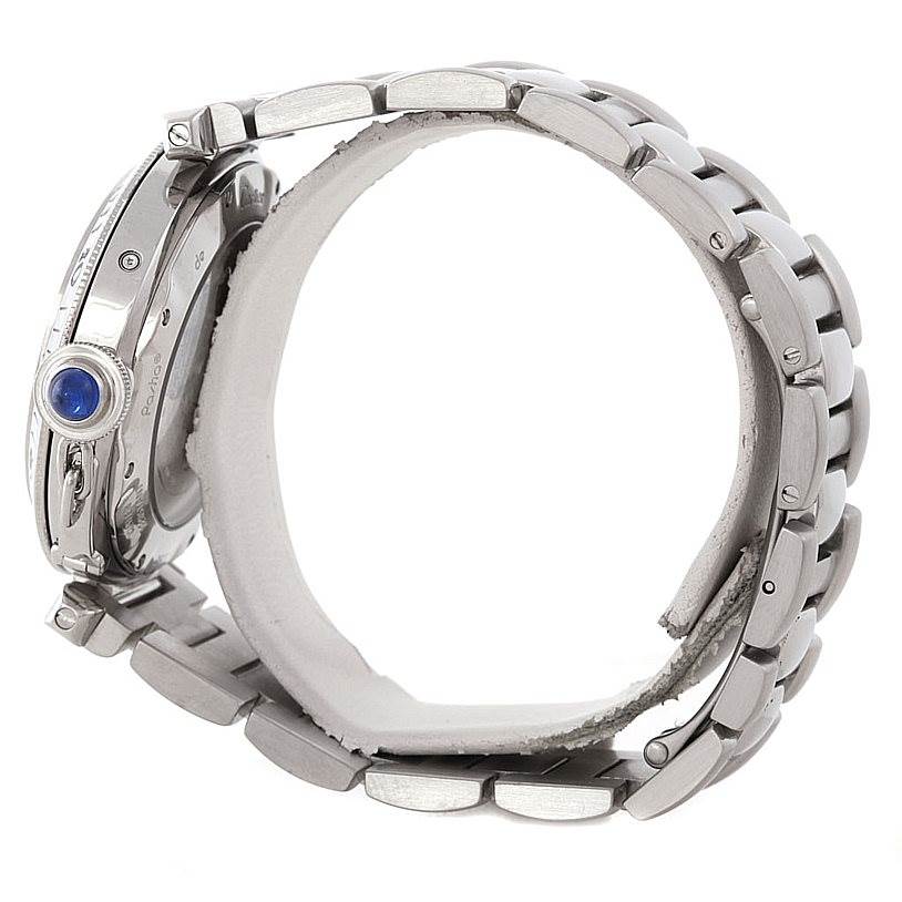 This side view of the Cartier Pasha W31037H3 Men's Stainless Steel Silver Dial W31037H3 Men's Stainless Steel Silver Dial watch showcases its bracelet and crown with a blue cabochon.