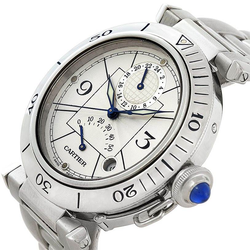 The Cartier Pasha W31037H3 Men's Stainless Steel Silver Dial W31037H3 Men's Stainless Steel Silver Dial watch is shown at a three-quarter angle, highlighting its dial, bezel, crown, and part of the bracelet.