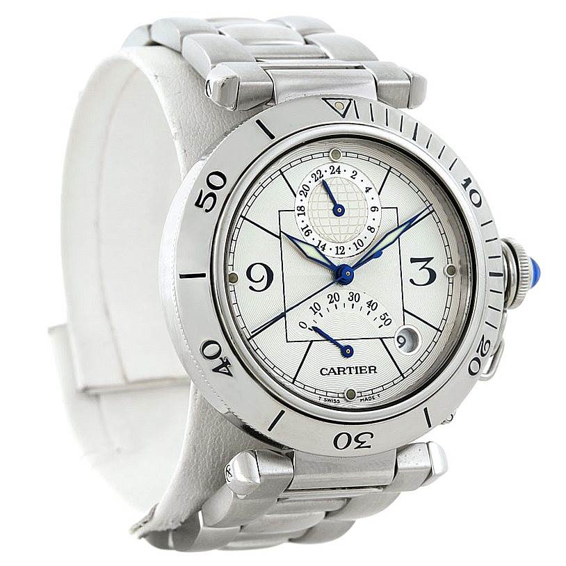 The Cartier Pasha W31037H3 Men's Stainless Steel Silver Dial W31037H3 Men's Stainless Steel Silver Dial watch is shown at a slight angle, displaying the face, bezel, strap, and crown with a blue cabochon.