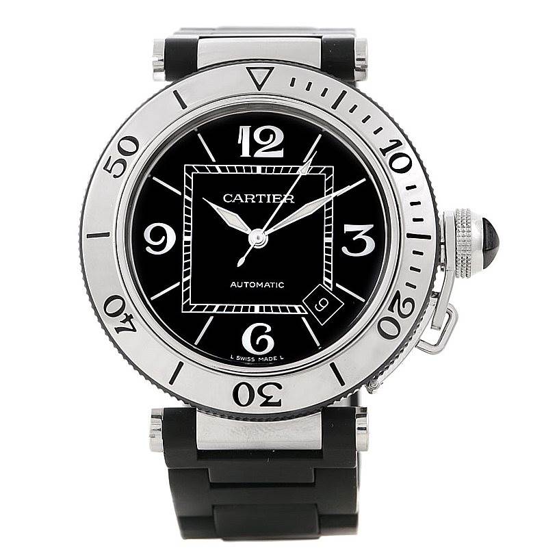 The image shows a front view of the Cartier Pasha W31077U2 Men
s Stainless Steel Black Dial W31077U2 Men
s Stainless Steel Black Dial watch, highlighting its face, bezel, and strap.