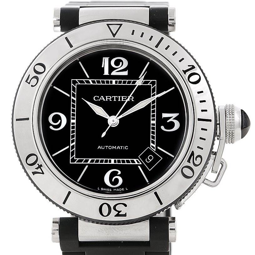 Front view of the Cartier Pasha W31077U2 Men
s Stainless Steel Black Dial W31077U2 Men
s Stainless Steel Black Dial model watch showing the face, bezel, and part of the strap.