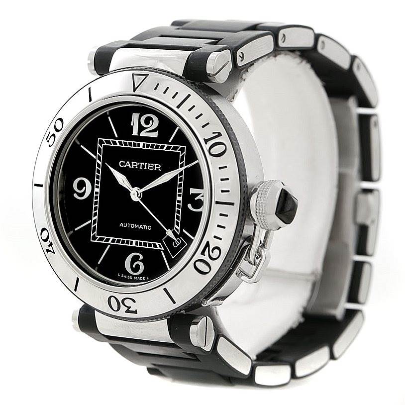 The image shows a Cartier Pasha W31077U2 Men
s Stainless Steel Black Dial W31077U2 Men
s Stainless Steel Black Dial watch from an angled side view, highlighting the dial, bezel, and bracelet.