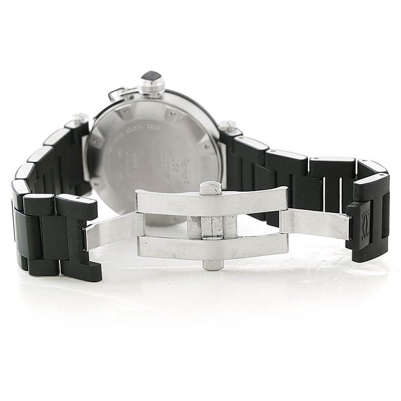 This image shows the clasp and back of the Cartier Pasha W31077U2 Men
s Stainless Steel Black Dial W31077U2 Men
s Stainless Steel Black Dial watch with a black bracelet.