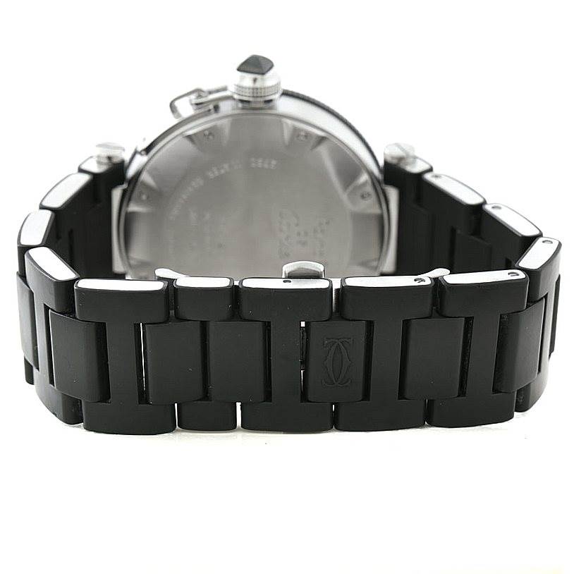The image shows the rear view and bracelet of a Cartier Pasha W31077U2 Men
s Stainless Steel Black Dial W31077U2 Men
s Stainless Steel Black Dial watch.