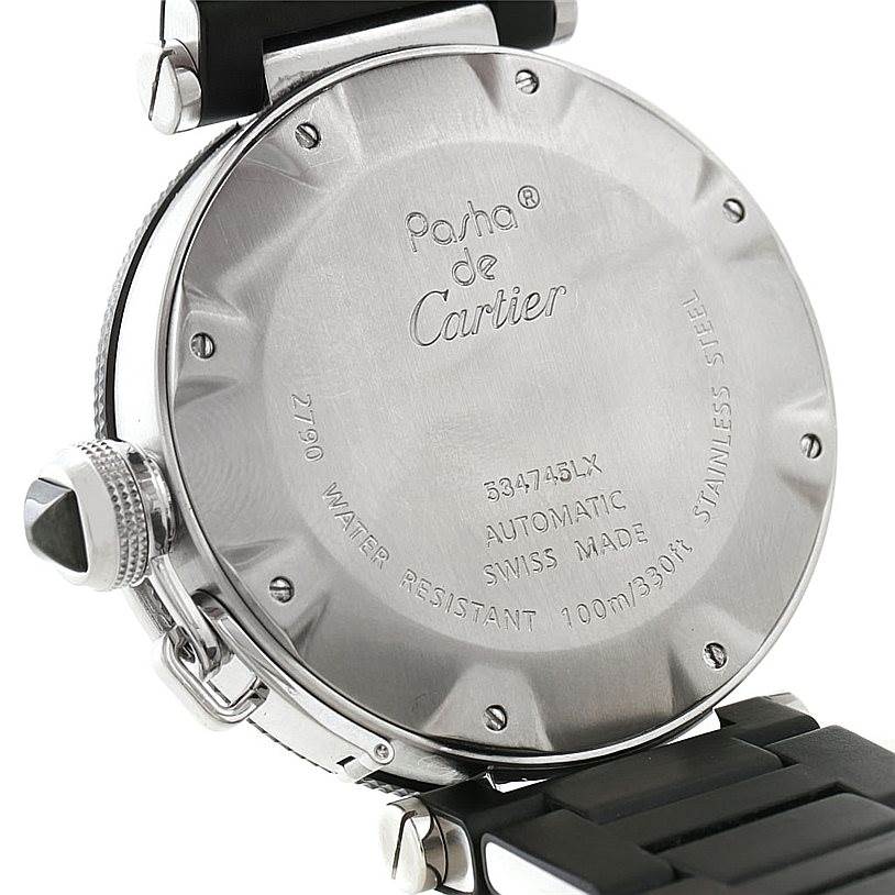 The image shows the back of a Cartier Pasha W31077U2 Men
s Stainless Steel Black Dial W31077U2 Men
s Stainless Steel Black Dial watch, highlighting the case back and part of the strap.