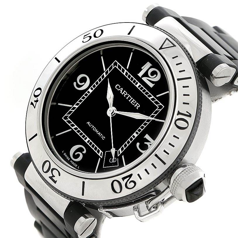 This image shows the face, bezel, and part of the strap of the Cartier Pasha W31077U2 Men
s Stainless Steel Black Dial W31077U2 Men
s Stainless Steel Black Dial watch viewed from a slightly angled perspective.