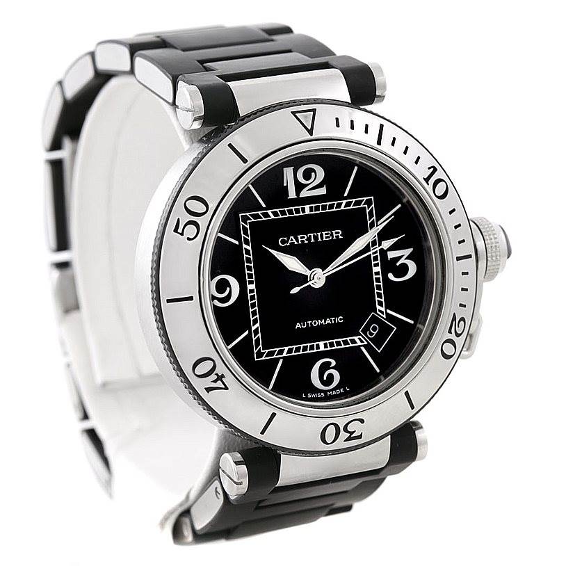 The image shows a Cartier Pasha W31077U2 Men
s Stainless Steel Black Dial W31077U2 Men
s Stainless Steel Black Dial watch at a slight front-left angle, highlighting the face, bezel, crown, and part of the strap.