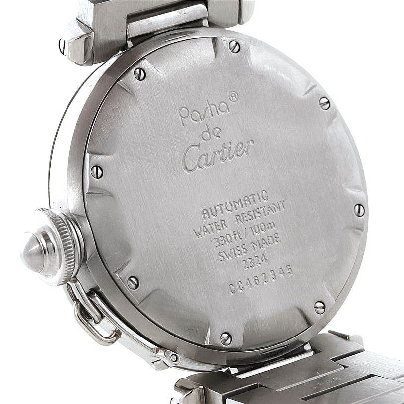 The image shows the back case and part of the bracelet of a Cartier Pasha W31023M7 Stainless Steel Pink Dial W31023M7 Stainless Steel Pink Dial watch, highlighting its water resistance details.