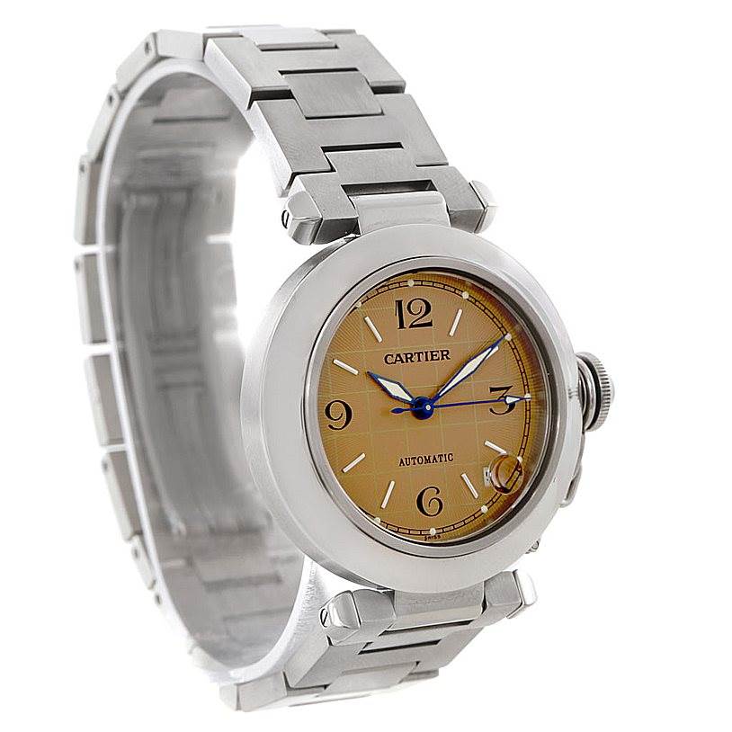 This image shows a Cartier Pasha W31023M7 Stainless Steel Pink Dial W31023M7 Stainless Steel Pink Dial model watch angled to display its face, band, and crown.