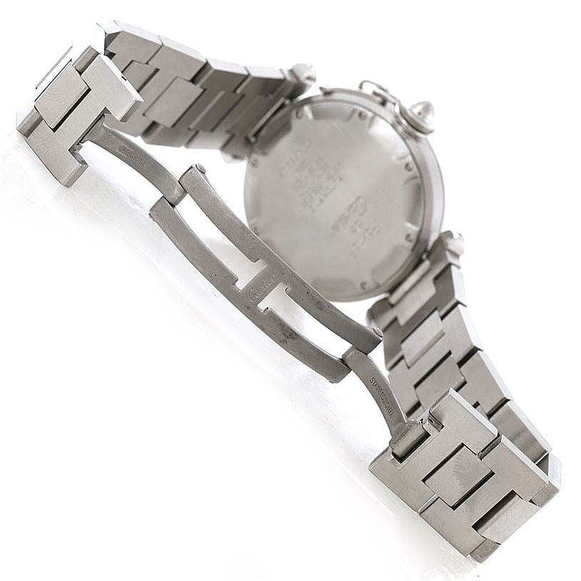 The image shows the back view of the Cartier Pasha W31023M7 Stainless Steel Pink Dial W31023M7 Stainless Steel Pink Dial watch, focusing on its metal bracelet and deployment clasp.