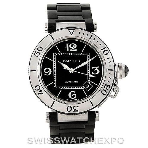 The image shows a front view of the Cartier Pasha W31077U2 Men
s Stainless Steel Black Dial W31077U2 Men
s Stainless Steel Black Dial watch, displaying the dial, bezel, crown, and bracelet.