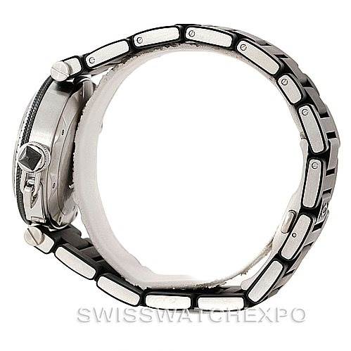 This is a profile view of a Cartier Pasha W31077U2 Men
s Stainless Steel Black Dial W31077U2 Men
s Stainless Steel Black Dial watch showing the side of the case and a metal bracelet.