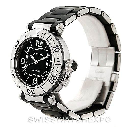 The image shows a Cartier Pasha W31077U2 Men
s Stainless Steel Black Dial W31077U2 Men
s Stainless Steel Black Dial watch at a three-quarter angle, highlighting the face, bezel, crown, and part of the band.