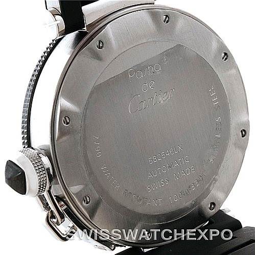 This image shows the back of a Cartier Pasha W31077U2 Men
s Stainless Steel Black Dial W31077U2 Men
s Stainless Steel Black Dial watch, highlighting the case back, engravings, and crown with its protective cover.