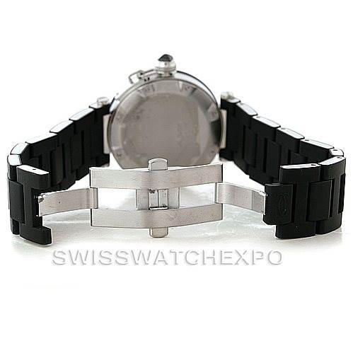 This image shows the back view of a Cartier Pasha W31077U2 Men
s Stainless Steel Black Dial W31077U2 Men
s Stainless Steel Black Dial watch, featuring an open black rubber strap and a stainless steel clasp.