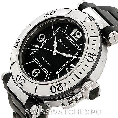 This is a close-up angle of the Cartier Pasha W31077U2 Men
s Stainless Steel Black Dial W31077U2 Men
s Stainless Steel Black Dial watch, showcasing its dial, bezel, crown, and part of its bracelet.