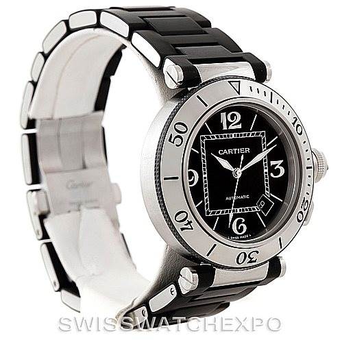 The image shows an angled view of the Cartier Pasha W31077U2 Men
s Stainless Steel Black Dial W31077U2 Men
s Stainless Steel Black Dial watch, highlighting its black dial, bezel, and band.