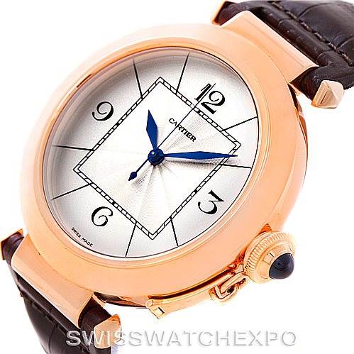 The image shows a Cartier Pasha W3019051 Men
s Rose Gold Silver Dial W3019051 Men
s Rose Gold Silver Dial watch face and crown at an oblique angle, highlighting the dial, hands, and bezel.