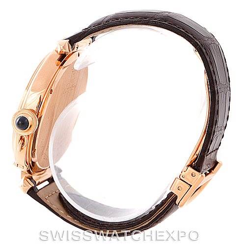 The image shows a Cartier Pasha W3019051 Men
s Rose Gold Silver Dial W3019051 Men
s Rose Gold Silver Dial watch from a side view, highlighting the crown, case, and leather strap.