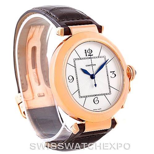 This image shows a Cartier Pasha W3019051 Men
s Rose Gold Silver Dial W3019051 Men
s Rose Gold Silver Dial watch from a front-right angle, highlighting its face, bezel, and strap.