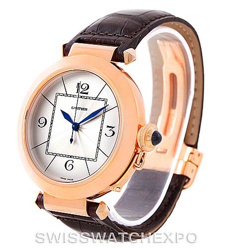 The image shows a Cartier Pasha W3019051 Men
s Rose Gold Silver Dial W3019051 Men
s Rose Gold Silver Dial watch at an angle highlighting the face, bezel, crown, strap, and clasp.
