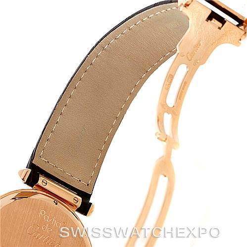 This image shows the backside of the strap and clasp of a Cartier Pasha W3019051 Men
s Rose Gold Silver Dial W3019051 Men
s Rose Gold Silver Dial watch, highlighting the leather strap and metal clasp components.