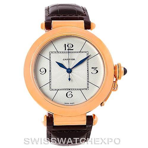 The Cartier Pasha W3019051 Men
s Rose Gold Silver Dial W3019051 Men
s Rose Gold Silver Dial watch is shown from the front, highlighting its round face, leather strap, and distinctive crown guard.