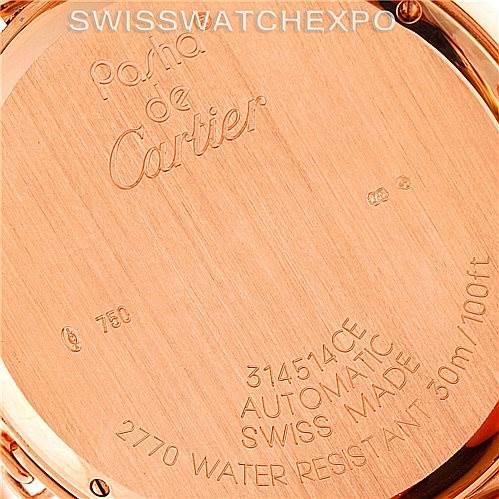 This image shows the back case of a Cartier Pasha W3019051 Men
s Rose Gold Silver Dial W3019051 Men
s Rose Gold Silver Dial watch, highlighting engravings and specifications.