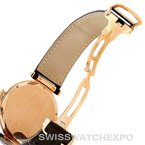 This image shows the open clasp and back case of a Cartier Pasha W3019051 Men
s Rose Gold Silver Dial W3019051 Men
s Rose Gold Silver Dial watch from a side angle.