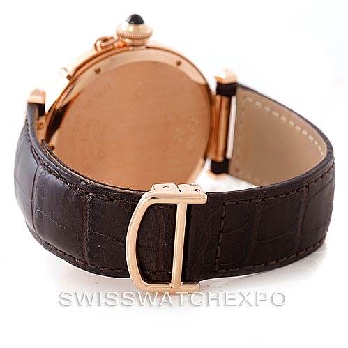 This image shows the back of a Cartier Pasha W3019051 Men
s Rose Gold Silver Dial W3019051 Men
s Rose Gold Silver Dial watch, highlighting its case back and brown leather strap with a gold buckle.