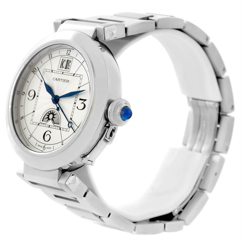 This image shows a right-side angle view of a Cartier Pasha W31093M7 Men's Stainless Steel Silver Dial W31093M7 Men's Stainless Steel Silver Dial watch, highlighting its dial, crown, and bracelet.