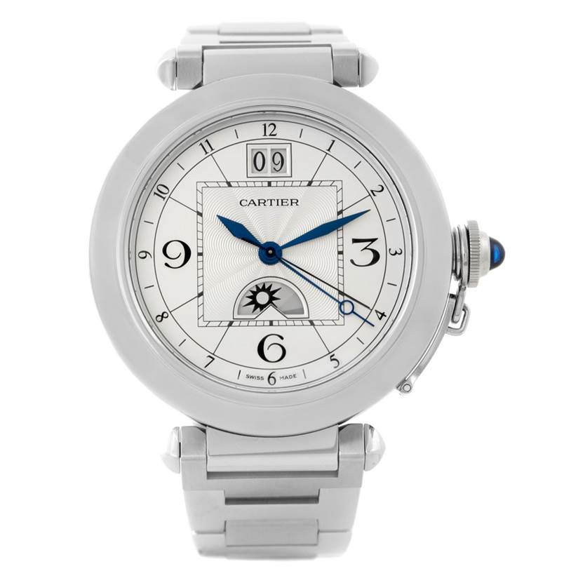 This image shows a Cartier Pasha W31093M7 Men's Stainless Steel Silver Dial W31093M7 Men's Stainless Steel Silver Dial model watch from a front view, highlighting its face, dial, and metal bracelet.