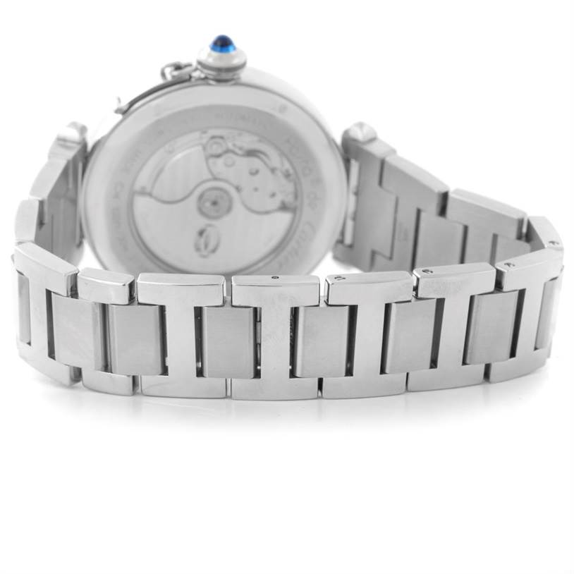 The image shows the back and bracelet of a Cartier Pasha W31093M7 Men's Stainless Steel Silver Dial W31093M7 Men's Stainless Steel Silver Dial watch, highlighting its stainless steel design and links.