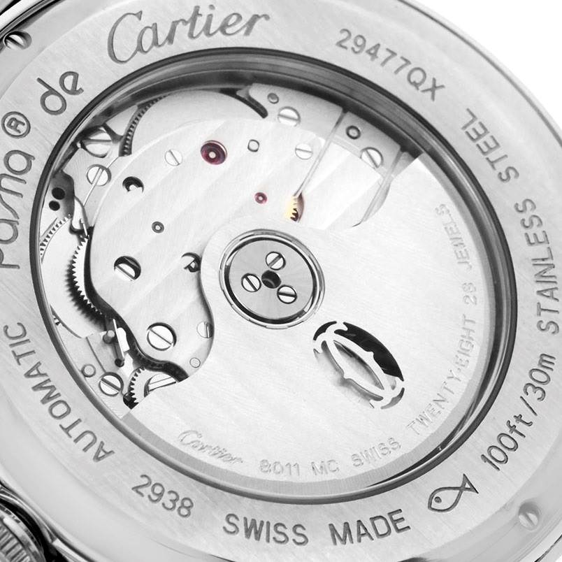 This image shows the back view of the Cartier Pasha W31093M7 Men's Stainless Steel Silver Dial W31093M7 Men's Stainless Steel Silver Dial watch, highlighting its automatic movement and internal mechanisms.