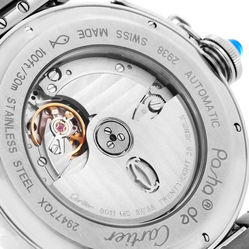 The image shows the back of a Cartier Pasha W31093M7 Men's Stainless Steel Silver Dial W31093M7 Men's Stainless Steel Silver Dial watch, displaying its automatic movement and internal mechanics.