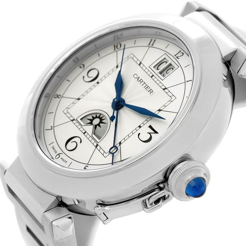 The Cartier Pasha W31093M7 Men's Stainless Steel Silver Dial W31093M7 Men's Stainless Steel Silver Dial watch is shown at a side angle, highlighting the dial, crown, and part of the bracelet.