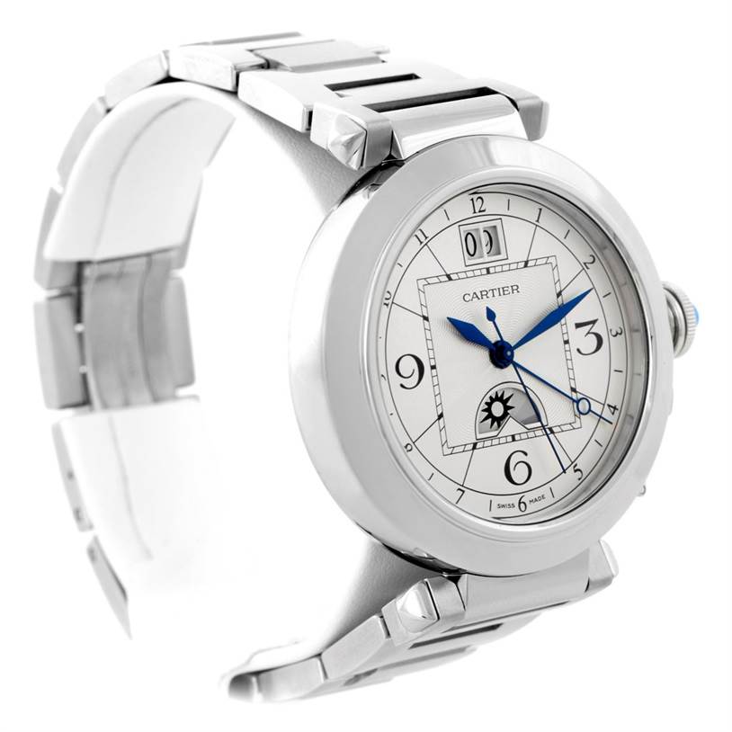 This Cartier Pasha W31093M7 Men's Stainless Steel Silver Dial W31093M7 Men's Stainless Steel Silver Dial watch is shown from a front diagonal view, highlighting its face, bezel, and metal bracelet.