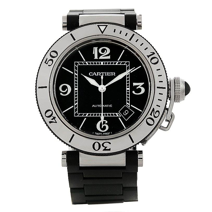 This image shows a front view of a Cartier Pasha W31077U2 Men
s Stainless Steel Black Dial W31077U2 Men
s Stainless Steel Black Dial watch, highlighting the dial, bezel, crown, and part of the strap.