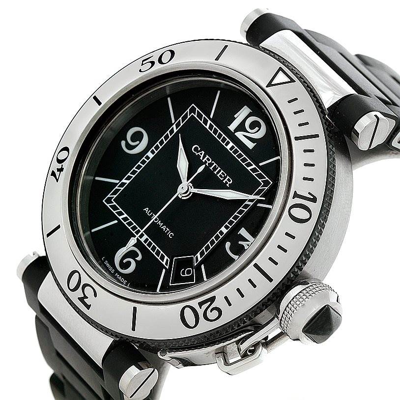 This image shows a front and slight side view of a Cartier Pasha W31077U2 Men
s Stainless Steel Black Dial W31077U2 Men
s Stainless Steel Black Dial model watch, highlighting the bezel, dial, and crown.