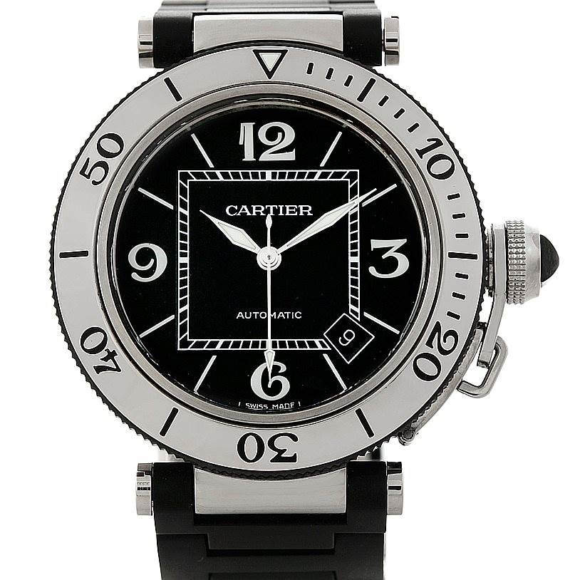 The Cartier Pasha W31077U2 Men
s Stainless Steel Black Dial W31077U2 Men
s Stainless Steel Black Dial watch is shown from the front, displaying its black dial, numbered bezel, and crown with a cabochon.