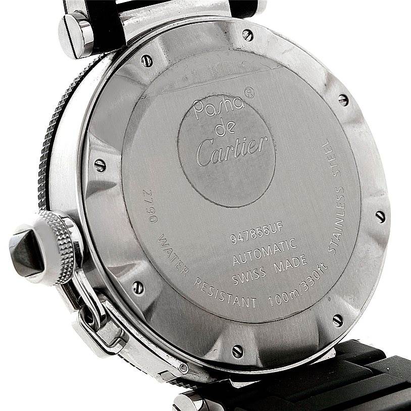 The image shows the back casing of a Cartier Pasha W31077U2 Men
s Stainless Steel Black Dial W31077U2 Men
s Stainless Steel Black Dial watch, highlighting the model
s engraving and stainless steel structure.