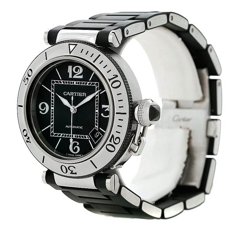 The image shows a frontal angle of the Cartier Pasha W31077U2 Men
s Stainless Steel Black Dial W31077U2 Men
s Stainless Steel Black Dial watch, highlighting its black dial, bezel, crown guard, and bracelet.