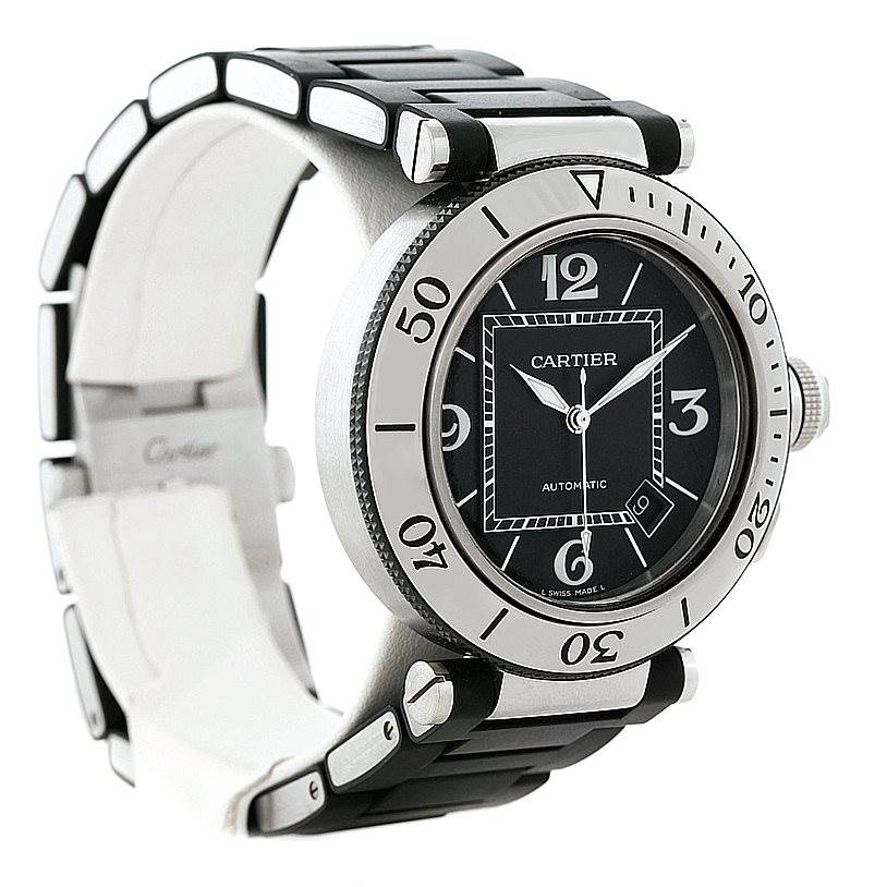 The image shows a side angle of the Cartier Pasha W31077U2 Men
s Stainless Steel Black Dial W31077U2 Men
s Stainless Steel Black Dial model watch, displaying the face, bezel, crown, and part of the strap.