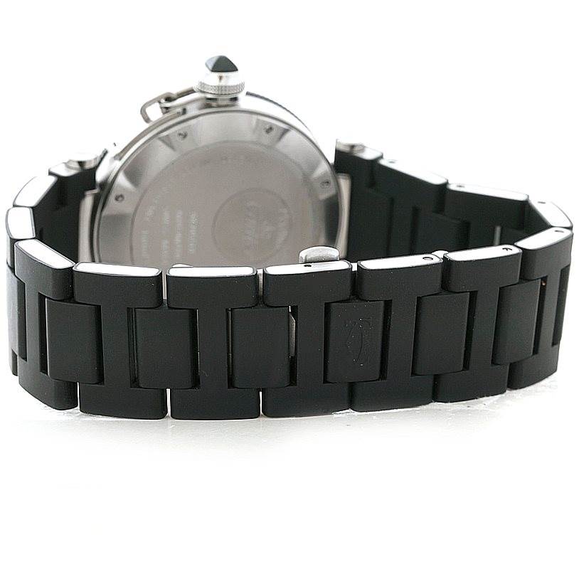 This image shows the rear angle of a Cartier Pasha W31077U2 Men
s Stainless Steel Black Dial W31077U2 Men
s Stainless Steel Black Dial watch, highlighting its black metal bracelet and case back.