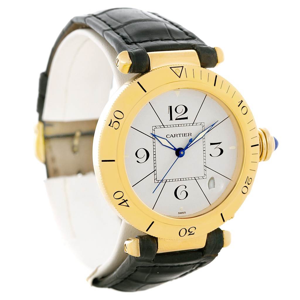 The image shows a Cartier Pasha Men's Yellow Gold Silver Dial Men's Yellow Gold Silver Dial watch at a slightly angled front view, showcasing the face, bezel, and leather strap.