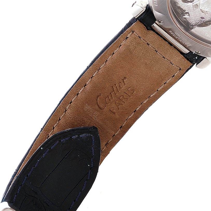 This image shows the underside of the leather strap and back case of a Cartier Pasha W3103055 Men's Stainless Steel Silver Dial W3103055 Men's Stainless Steel Silver Dial watch.