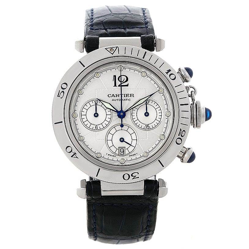 This image shows a front view of the Cartier Pasha W3103055 Men's Stainless Steel Silver Dial W3103055 Men's Stainless Steel Silver Dial watch, featuring the face, bezel, pushers, and leather strap.
