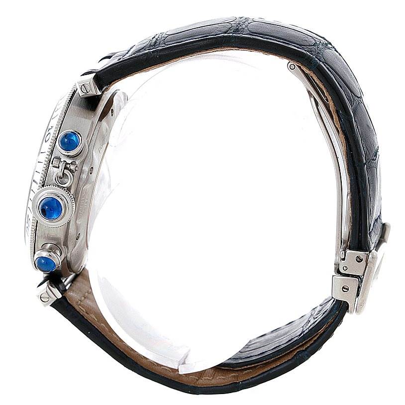 Side view of the Cartier Pasha W3103055 Men's Stainless Steel Silver Dial W3103055 Men's Stainless Steel Silver Dial watch showing the crown, pushers, and part of the black leather strap.
